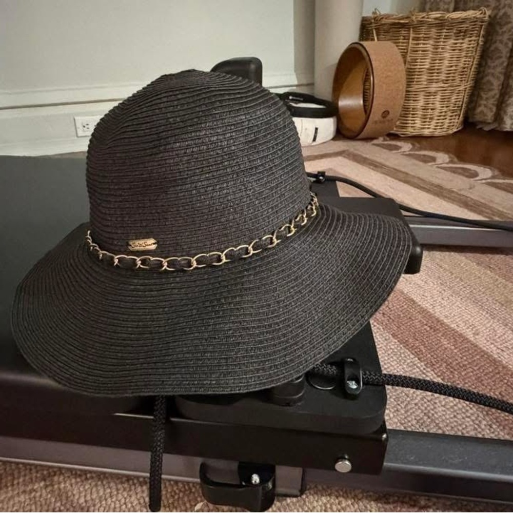 Black Wide-Brim Straw Hat with Gold Chain Accent